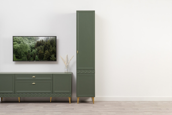 Гостиная Марион композиция 1 дымчатый зеленый K521, олива шагрень AG 1050 ПВХ, белый PE шагрень (собирается на любую сторону)