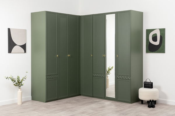 Шкаф-пенал Марион 16.340.01 дымчатый зеленый K521, олива шагрень AG 1050 ПВХ (собирается на любую сторону)