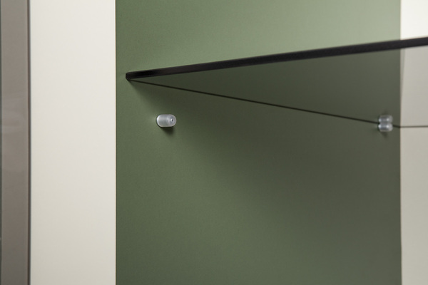 Гостиная Марион композиция 2 дымчатый зеленый K521, олива шагрень AG 1050 ПВХ, белый PE шагрень (собирается на любую сторону)