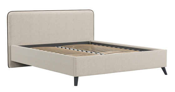 Кровать Миа 160 рогожка светло-бежевый, кант желтовато-коричневый с ортопедическим основанием и подъемным механизмом