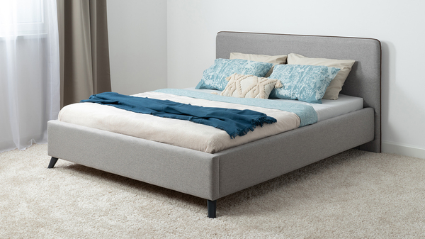 Кровать Миа 160 рогожка серый, кант желтовато-коричневый с ортопедическим основанием и подъемным механизмом