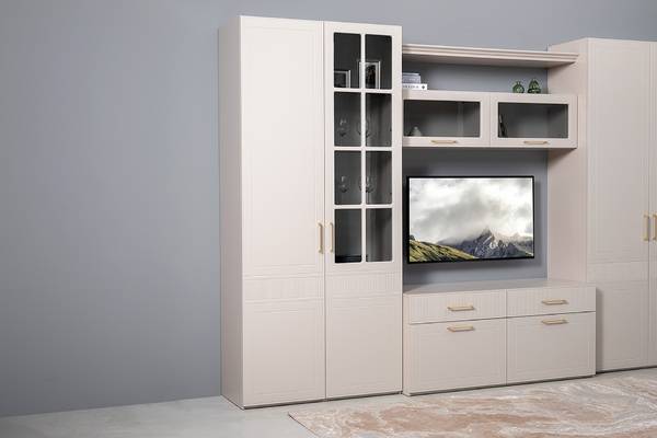 Гостиная Ричфорд композиция 1 с карнизами, кашемир 5981 BS, моно керамика D166-2 ПВХ, белый PE шагрень (собирается на любую сторону)