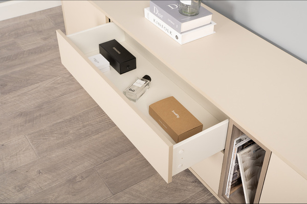 Тумба под ТВ Тайл 16.62 сатин 7045 SU, эмили блаш U9135, белый PE шагрень, напольная/навесная установка, собирается на любую сторону